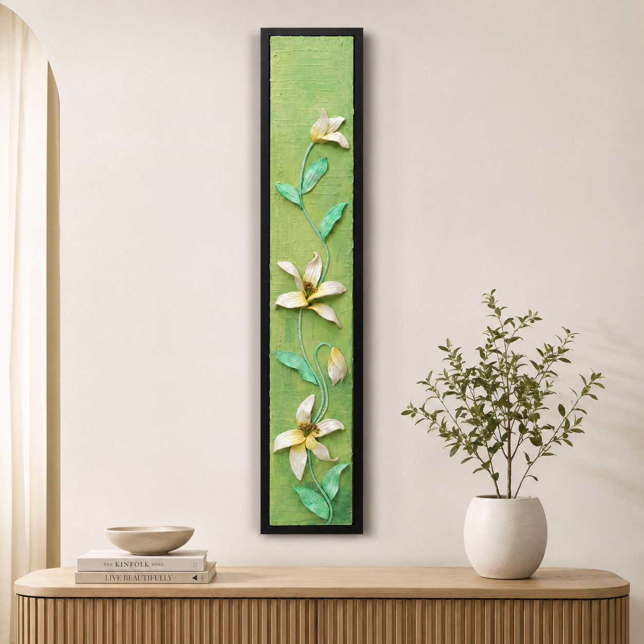 Elegant Lily Relief Wall Art – Vertical Floral Panel (Clay Art)